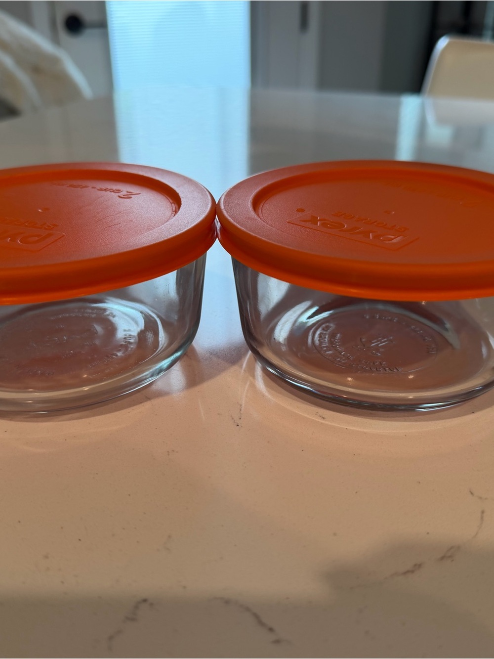 Vintage Pyrex Glass Storage Bowls with Bright Orange Lids - Set of 2